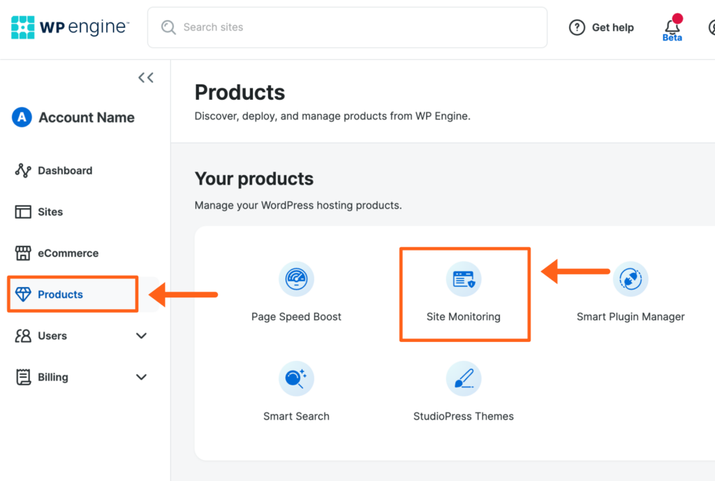 Screenshot of the Product page in the WP Engine User Portal showing the button to manage the Site Monitoring Product Extension