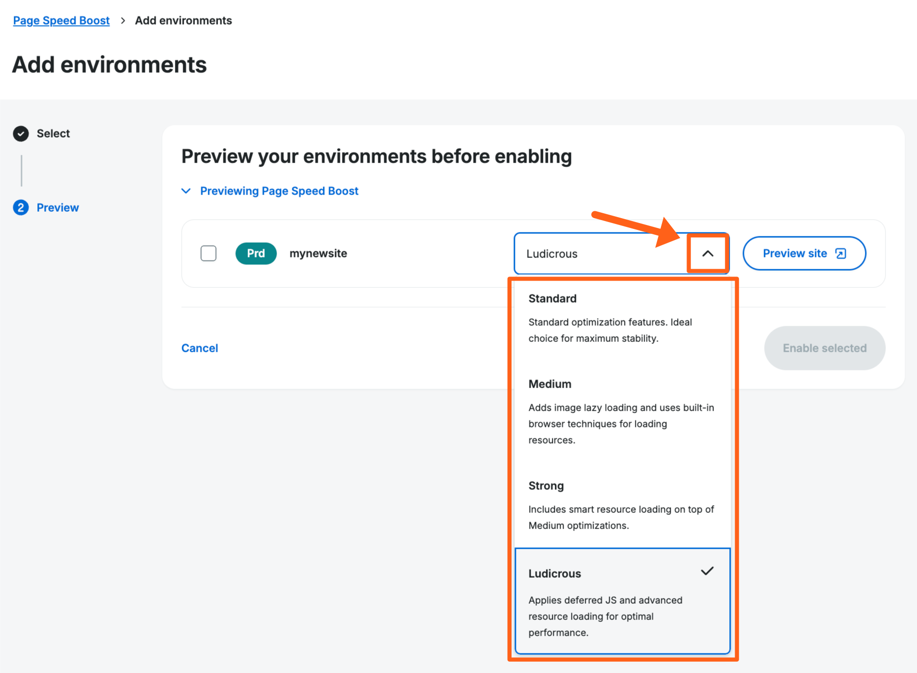 Screenshot of the Page Speed Boost page in the WP Engine User Portal showing the dropdown option to try a new optimization mode on an environment