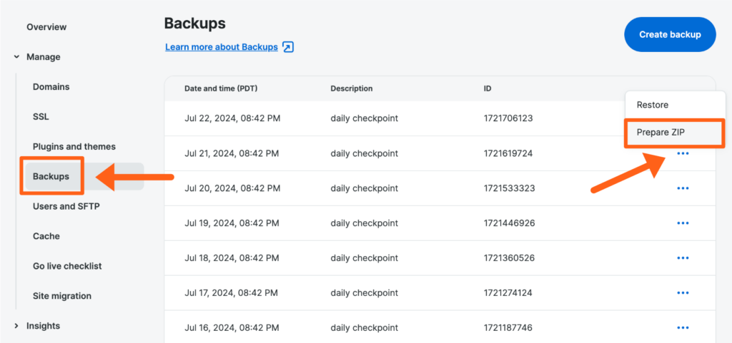 Screenshot of an environment's Backups page in the WP Engine User Portal showing where to Prepare ZIP for a backup