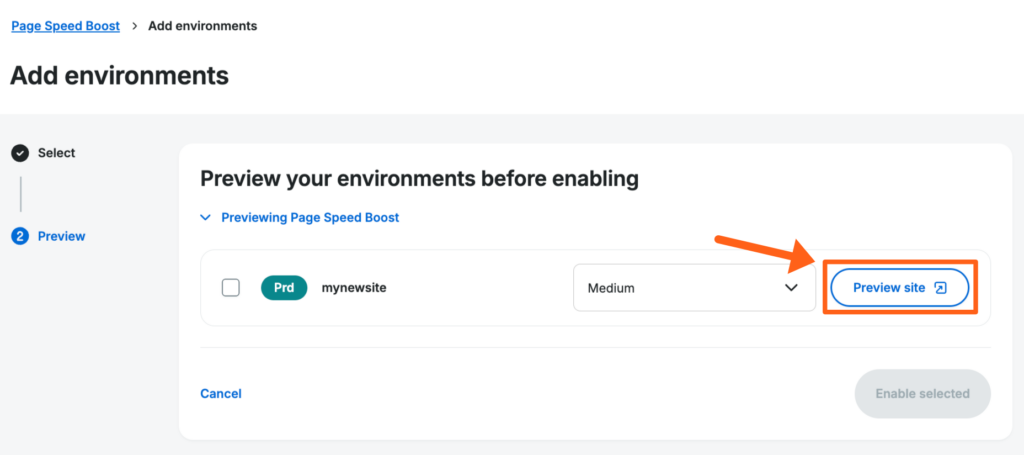 Screenshot of the Page Speed Boost page in the WP Engine User Portal showing the button to Preview an Environment before enabling PSB